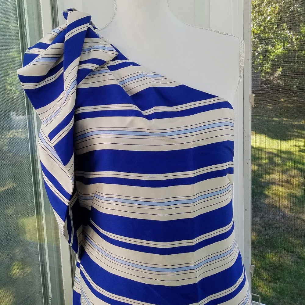 Banana Republic Tall Blue & Silver Striped One Shoulder Bow Midi Dress - Picture 3 of 8